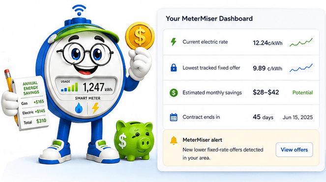 MeterMiser — a friendly smart-meter character holding a coin and an annual-savings clipboard, next to a sample dashboard showing the current electric rate, the lowest tracked fixed offer, estimated savings, contract end date, and a new-offer alert.