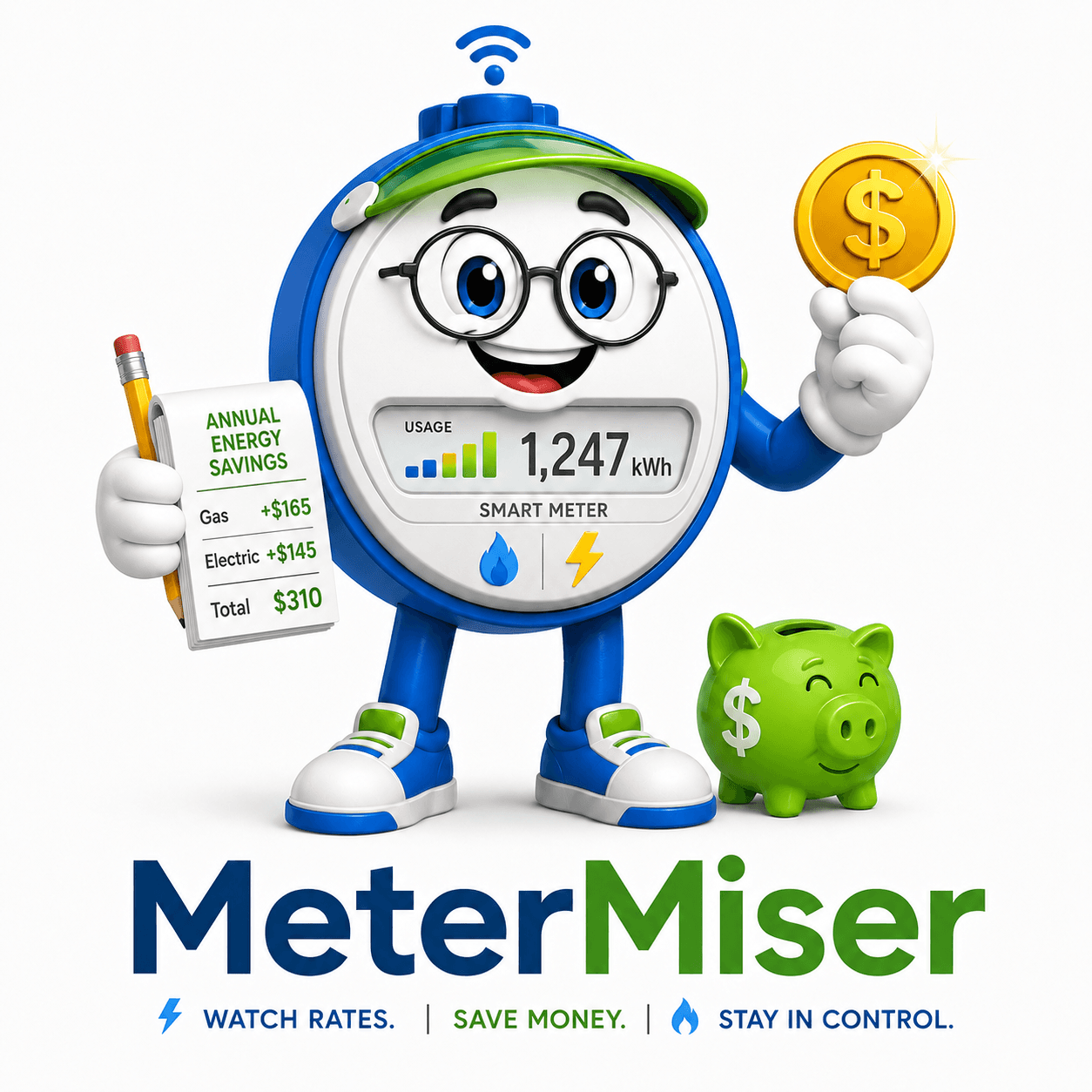 MeterMiser — smart-meter mascot. Watch usage. Save money. Stay in control.